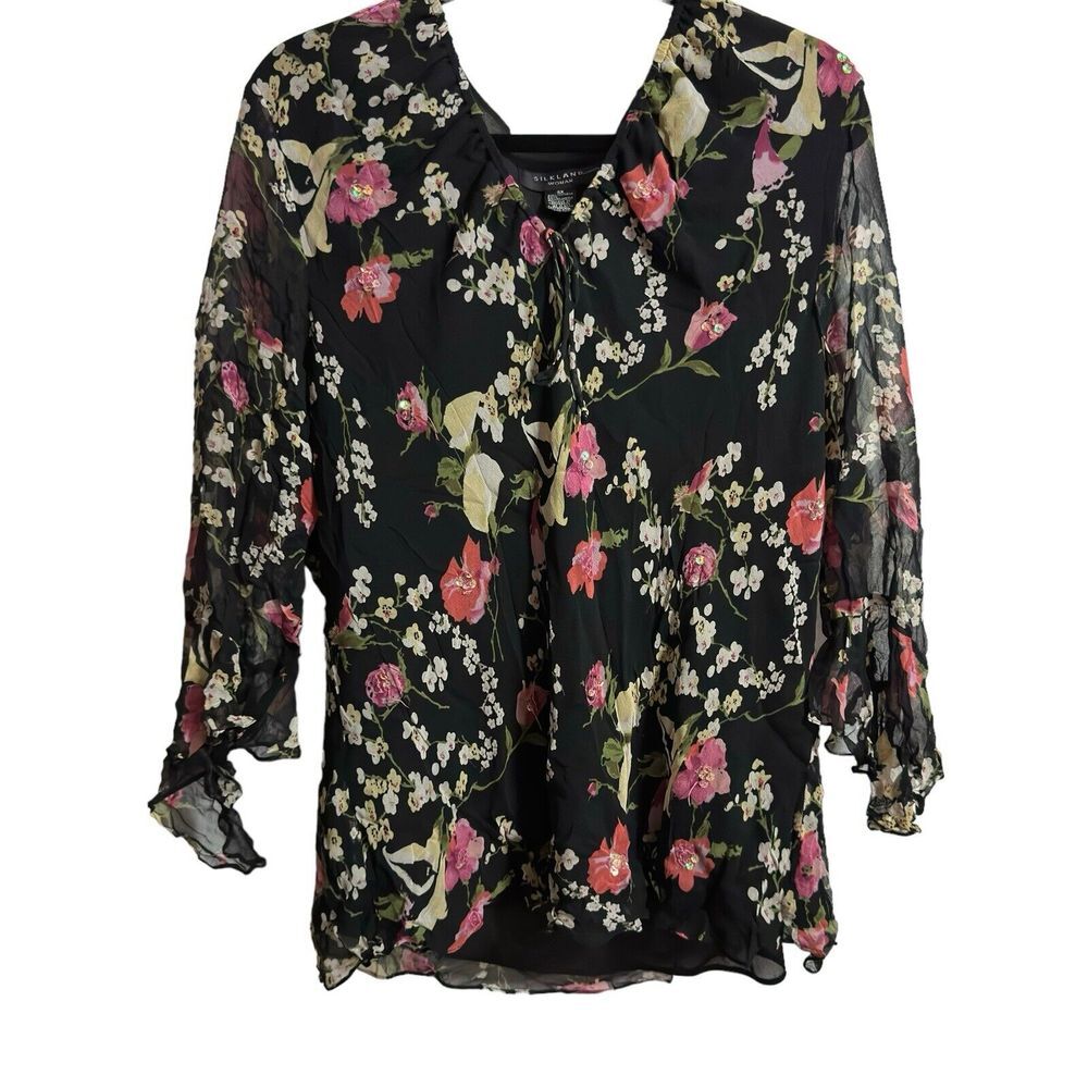 Silkland Multicolor Silk Floral Long Sleeve Pullover Womens Blouse Top Size 3X